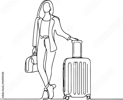 Line Drawing of a Woman Traveler with Luggage Perfect for Your Travel-Themed Designs