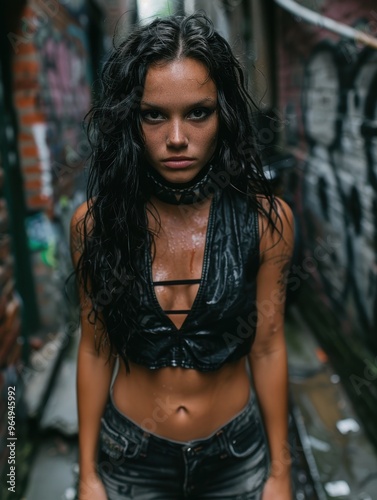 Edgy urban fashion model with dark makeup and wet hair