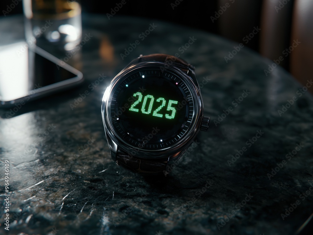 Fototapeta premium Futuristic digital watch display showing the time 2025