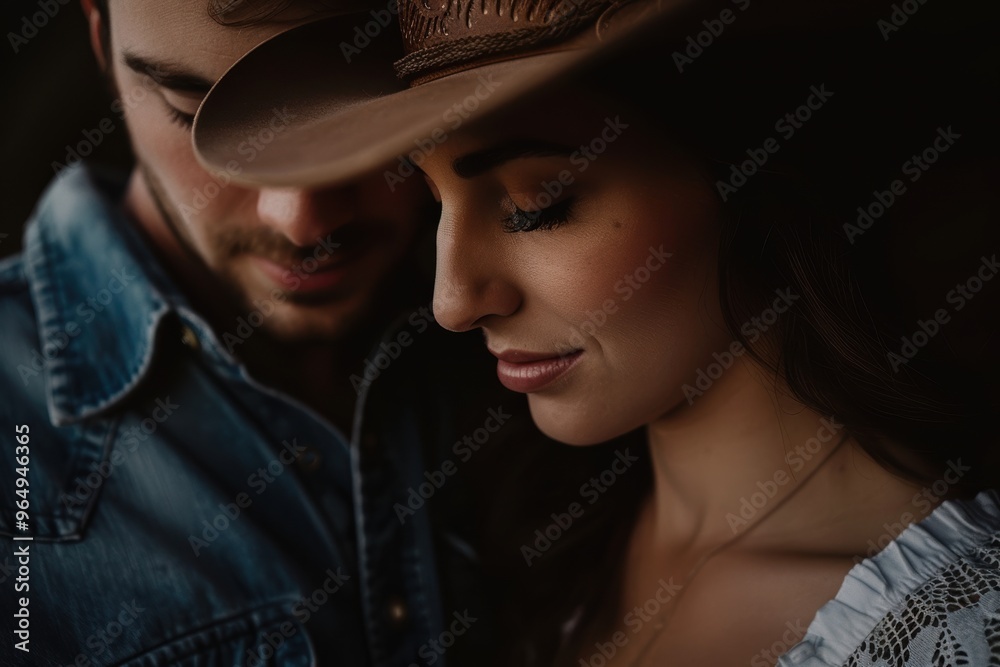 intimate moment between couple in cowboy hats intimate moment between couple in cowboy hats