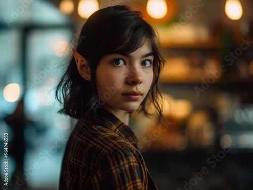 Pensive young woman with dark hair in plaid coat