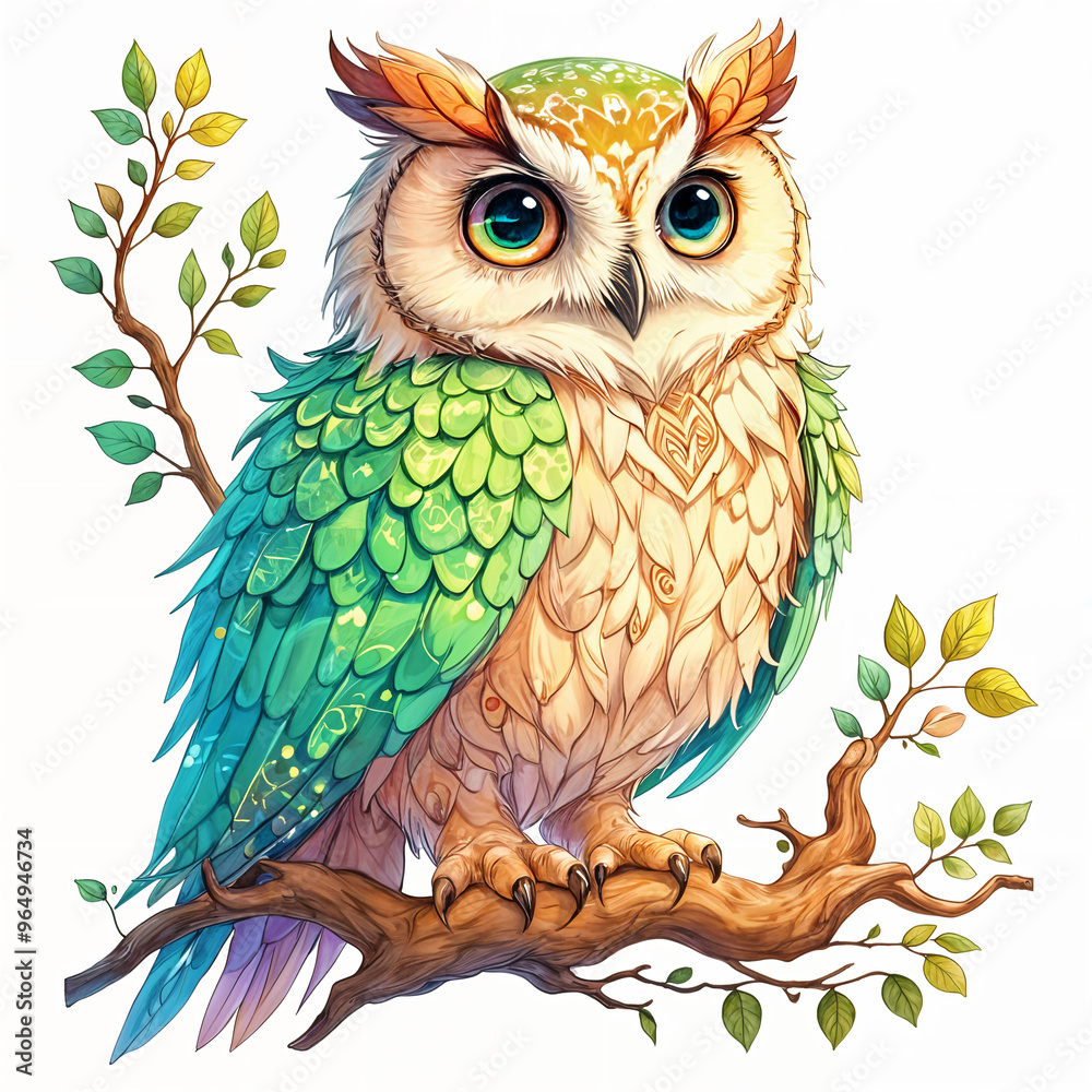 Fototapeta premium A colorful owl perched on a branch with leaves. The owl has large, round eyes.