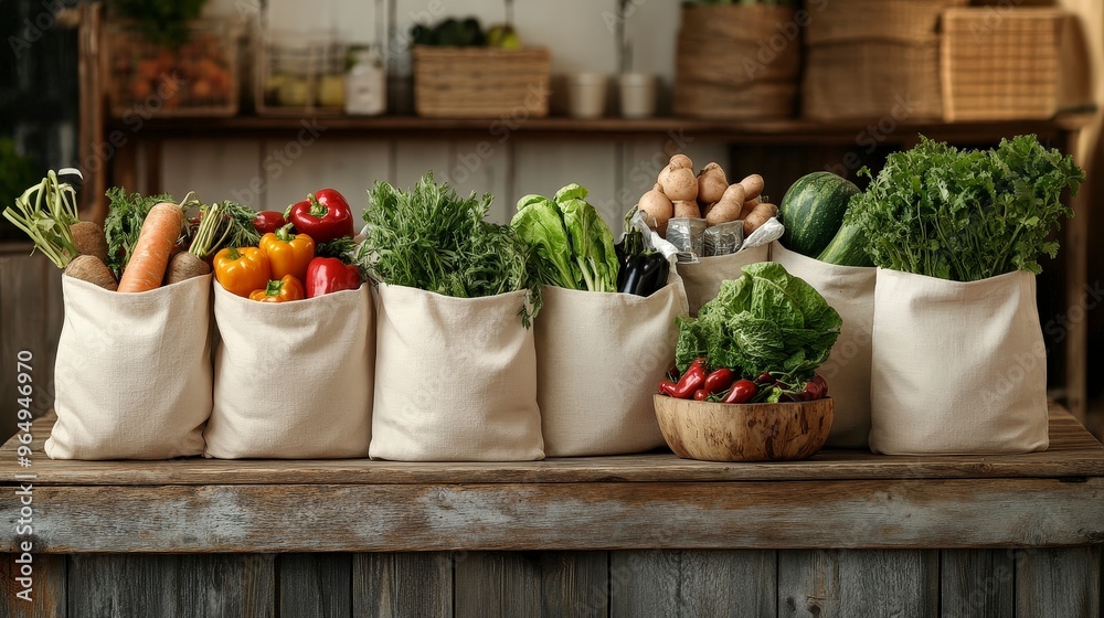 Eco-Friendly Cotton Grocery Bags Filled with Fresh Produce on Rustic Wooden Table | Sustainable Shopping Concept
