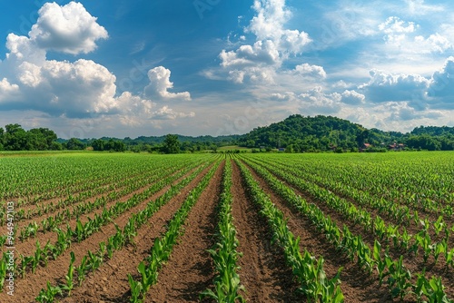 Panoramic view of corn field plantation growing up , ai