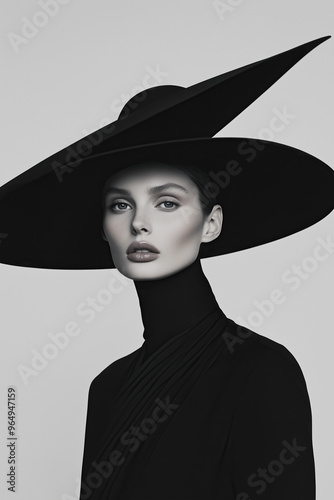 Fashion magazine concept. Portrait of beautiful female model wearing designer clothing, hat and looking at camera on gray background. Haute couture style. Retro, vintage. Monochrome studio shot
