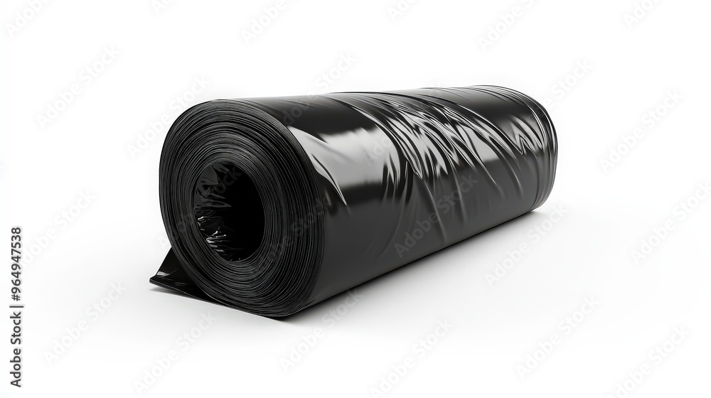 High-Quality Roll of Black Garbage Bags on White Background with Detailed Clarity High-Quality Roll of Black Garbage Bags on White Background with Detailed Clarity