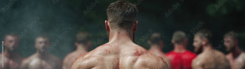 Naklejka premium Muscular man with bloody back in fighting stance