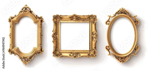 Antique carved gilded frame isolated on white background. Vintage golden rectangle frame for photo. Generative AI photo