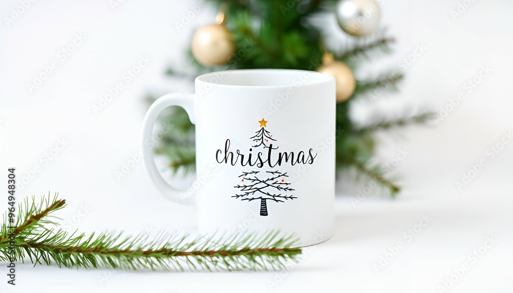 A white ceramic mug with a hand-drawn Christmas tree and the word A white ceramic mug with a hand-drawn Christmas tree and the word