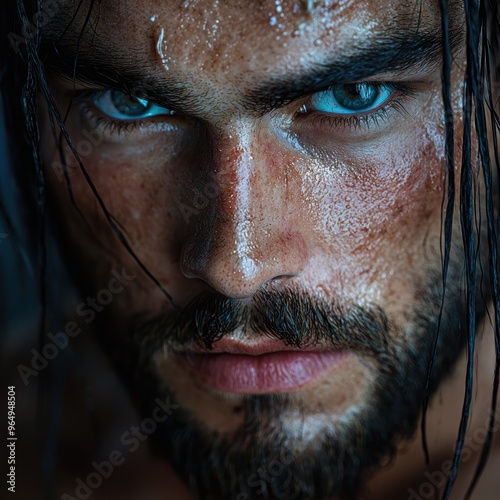 Close-up portrait of a rugged, weathered man with intense blue eyes