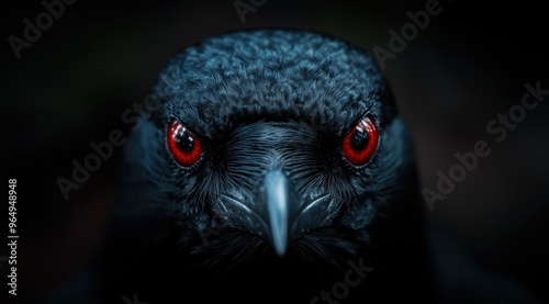 Intense stare of a dark feathered bird with glowing red eyes photo