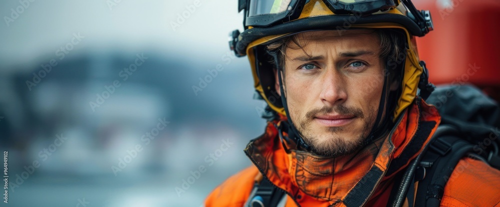 A man in a fireman's uniform is wearing an orange jacket and helmet A man in a fireman's uniform is wearing an orange jacket and helmet