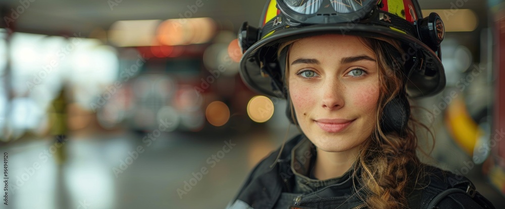 A woman wearing a fireman's helmet and uniform A woman wearing a fireman's helmet and uniform