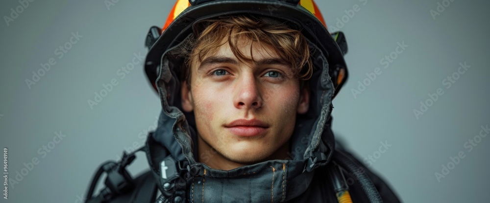 A young man in a fireman's uniform is wearing a helmet and a black jacket A young man in a fireman's uniform is wearing a helmet and a black jacket