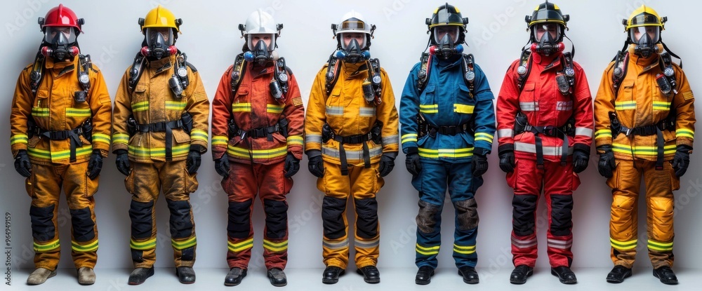 Naklejka premium A row of firefighters in various colored uniforms stand in a line