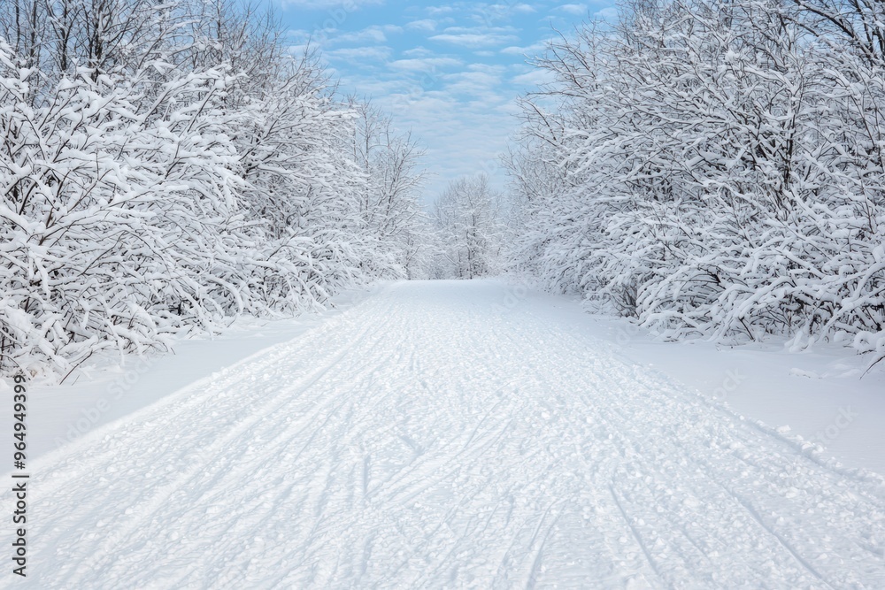 Snowy winter landscape with path through forest Snowy winter landscape with path through forest