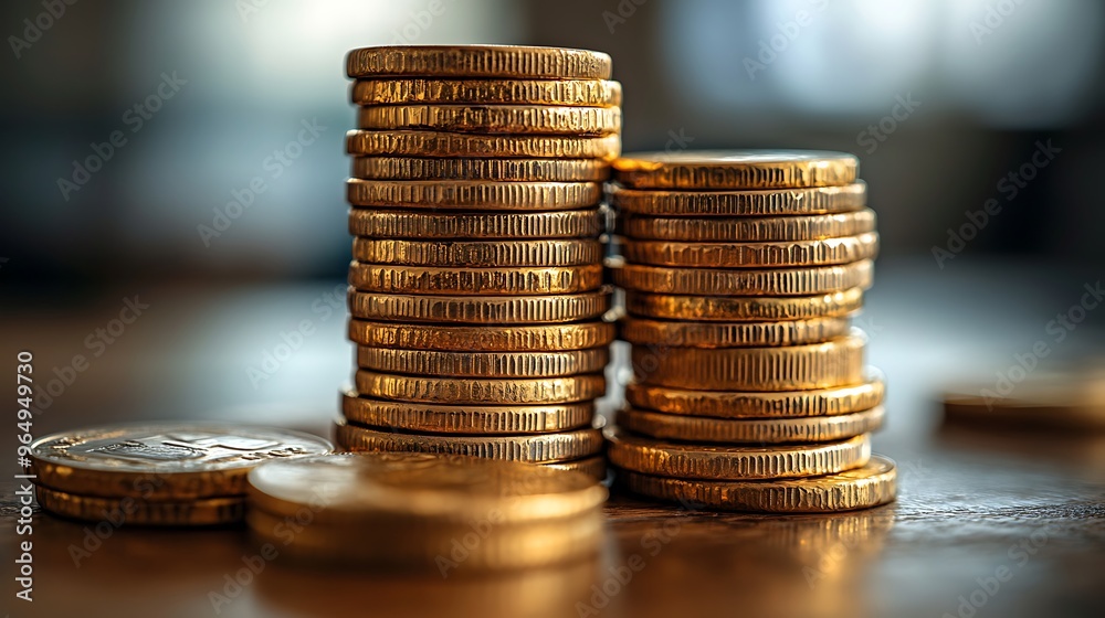 Two stacks of gold coins on a wooden table, with a few coins scattered in the foreground. Two stacks of gold coins on a wooden table, with a few coins scattered in the foreground.