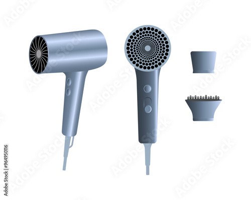 Realistic hairdryer for hairdresser salon, barbershop or home usage. Vector illustration.