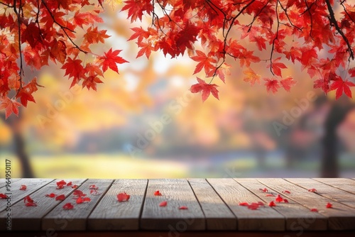 Empty wood table top and blurred autumn tree and red leaf background - can used for display or montage your products , ai