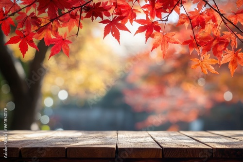 Empty wood table top and blurred autumn tree and red leaf background - can used for display or montage your products , ai