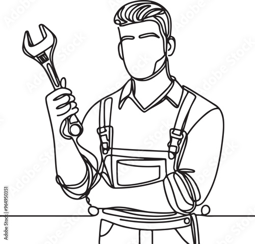 Line Drawing of a Young Male Mechanic Holding Wrench