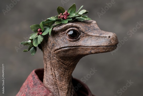 Whimsical reptilian portrait with floral crown photo