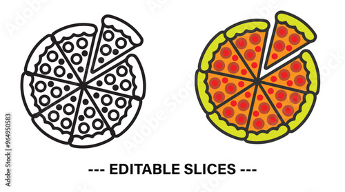 Two pizza with slices separated linear icon. Pizza with slices vector.