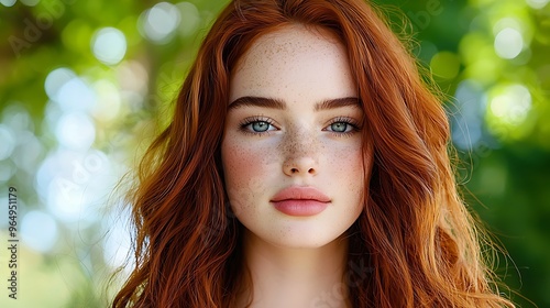 A red-haired woman with freckles stands out against a soft green bokeh backdrop.