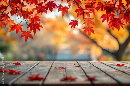 Empty wood table top and blurred autumn tree and red leaf background - can used for display or montage your products , ai