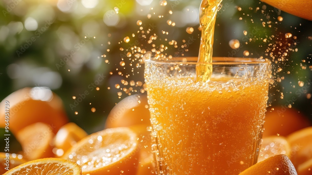 Close-Up of Fresh Orange Juice Being Poured into a Glass with a Soft, Blurred Background, Ultra-Realistic and Detailed Beverage Photography