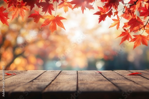 Empty wood table top and blurred autumn tree and red leaf background - can used for display or montage your products , ai