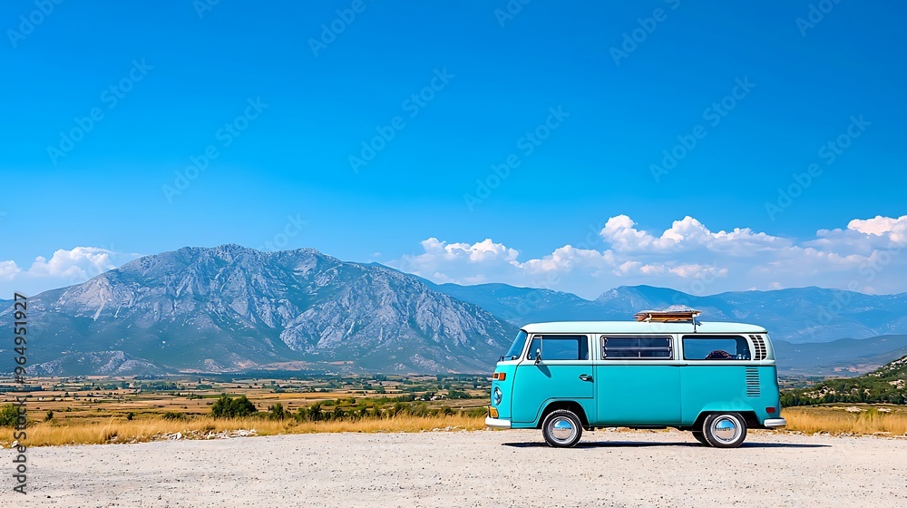 Obraz premium A blue camper van is parked on a mountain road, offering breathtaking views.
