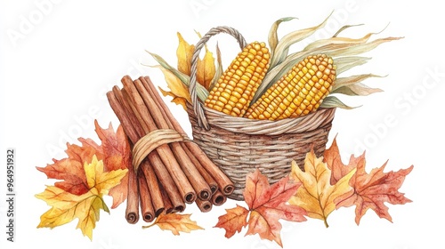 Autumn Bounty: Vibrant Watercolor Thanksgiving Illustration with Cinnamon Sticks, Corn Basket, and Autumn Leaves on White Background photo