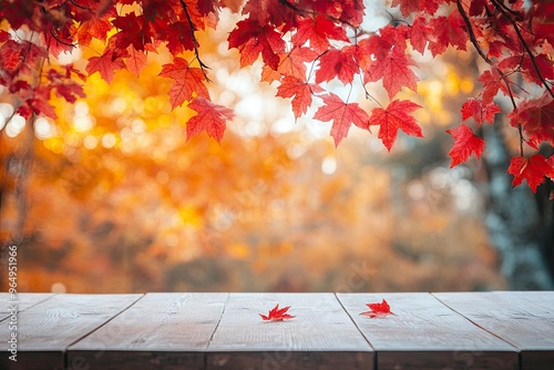 Empty wood table top and blurred autumn tree and red leaf background - can used for display or montage your products , ai