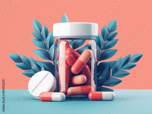 Colorful pills and capsules in a glass jar with foliage backdrop, depicting modern healthcare and medication on pastel background. photo