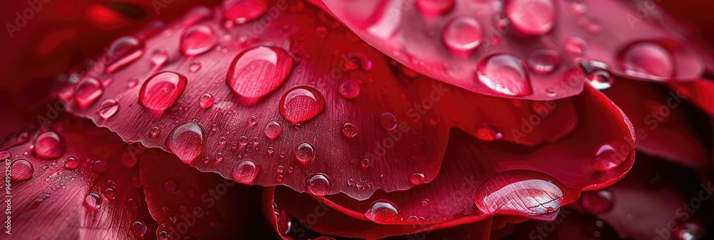 Detailed view of crimson peony petals adorned with droplets of water Detailed view of crimson peony petals adorned with droplets of water