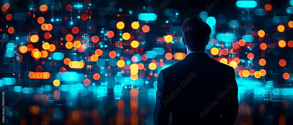 A professional man gazes at vibrant digital data visualizations, embodying innovation and the future of technology. A professional man gazes at vibrant digital data visualizations, embodying innovation and the future of technology.