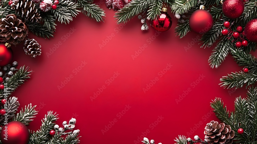 Festive holiday frame featuring pine branches, ornaments, and pinecones against a vibrant red background. Festive holiday frame featuring pine branches, ornaments, and pinecones against a vibrant red background.