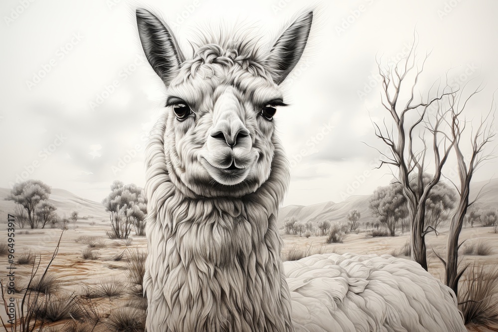 Obraz premium Elegant llama with soft fur surrounded by vibrant field flowers against a light background