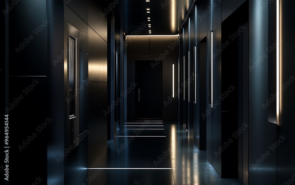 Intensive Contemporary Hallway with Dark Walls, Sharp Lines, and Innovative Lighting Intensive Contemporary Hallway with Dark Walls, Sharp Lines, and Innovative Lighting