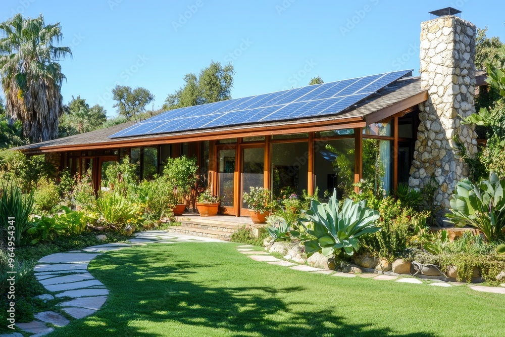 eco-friendly home with solar panels on the roof, a lush green garden with native plants, and large windows for natural light, ai eco-friendly home with solar panels on the roof, a lush green garden with native plants, and large windows for natural light, ai