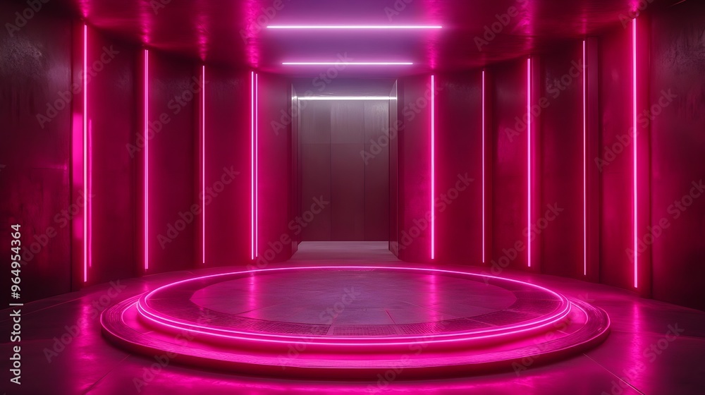 Futuristic interior with glowing pink lights and a circular platform, perfect for modern designs and creative projects. Futuristic interior with glowing pink lights and a circular platform, perfect for modern designs and creative projects.