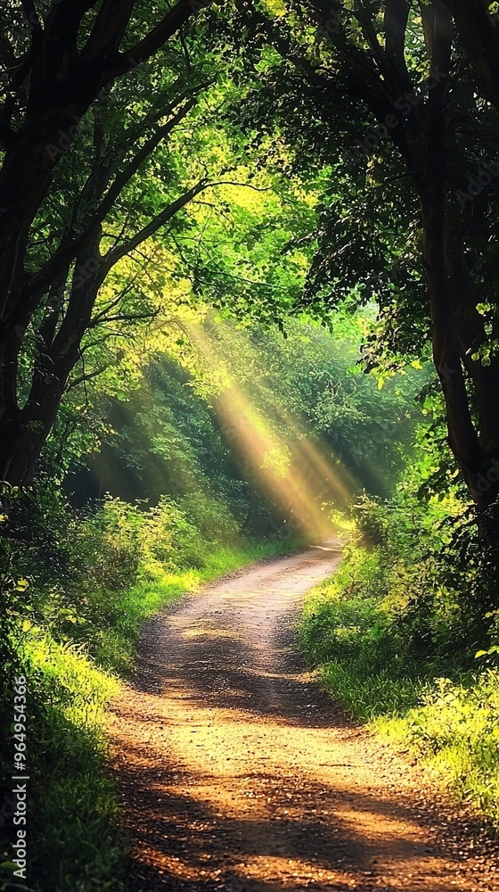 Obraz premium Sunlight filters through a dense canopy of lush green trees, casting golden rays onto a winding dirt path below. The path is bordered by vibrant greenery, creating a serene, almost magical atmosphere.