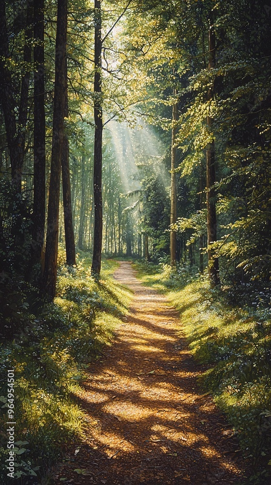 Dense forest with tall trees and abundant greenery illuminated by sunlight streaming through the canopy. A winding dirt path cuts through the forest floor, dappled with patches of light and shadow. Th Dense forest with tall trees and abundant greenery illuminated by sunlight streaming through the canopy. A winding dirt path cuts through the forest floor, dappled with patches of light and shadow. Th