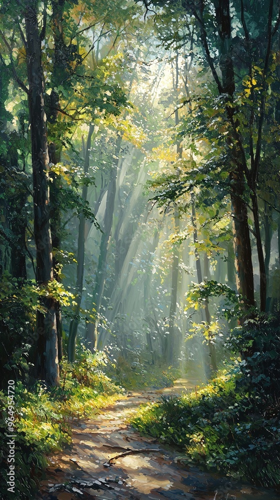 A winding forest path meanders through a dense, lush forest. Sunlight filters through the thick canopy of leaves, casting dappled light onto the ground below. The foliage is rich with shades of green,