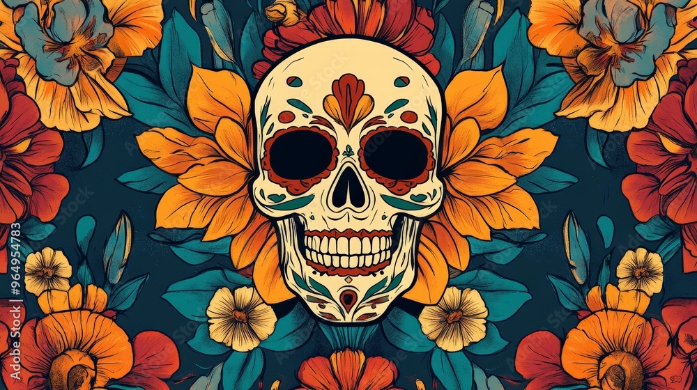 Vibrant Day of the Dead Skull in Retro Tarot Card Design | Colorful Mexican Sugar Skull with Classic Tarot Motifs for Dia de los Muertos Celebration