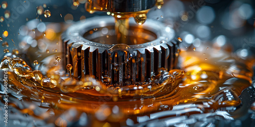 Close-up of machine gear with oil lubrication | Industrial gear lubricated with oil

