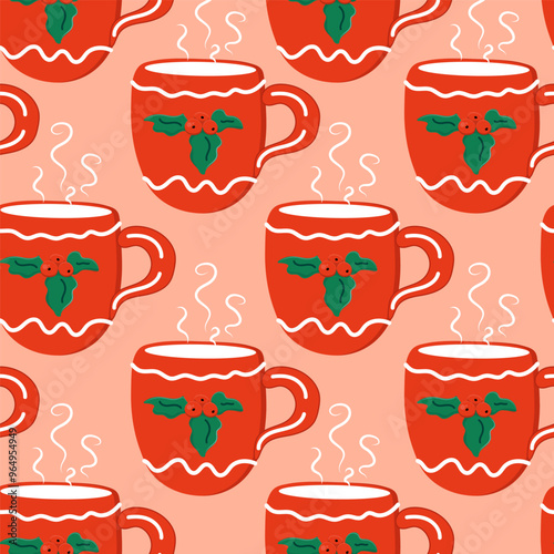 Christmas mug seamless pattern isolated on pink background.Trendy pattern of mugs for wrapping paper, wallpaper, stickers, notebook cover.