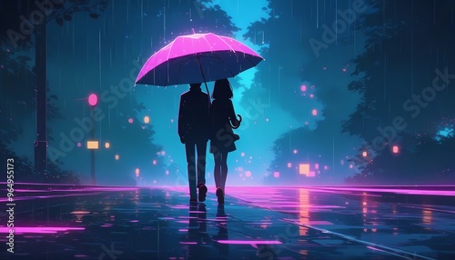 Quiet Glistening Road After Rain, Romantic Walk Under Umbrella, 4K Lofi Valentine's Loop