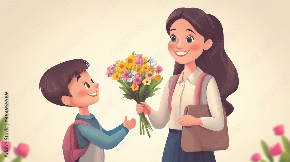 Loving Teacher Presenting Flowers to Joyful Student in High-Resolution 3D Vector Clip Art Illustration Loving Teacher Presenting Flowers to Joyful Student in High-Resolution 3D Vector Clip Art Illustration